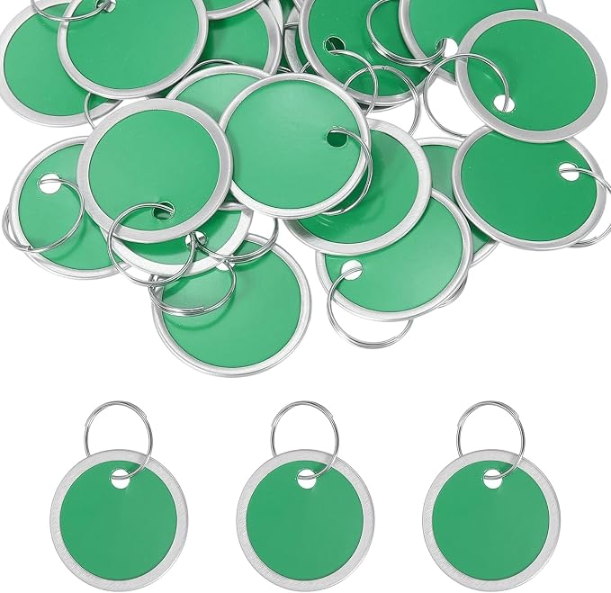 PATIKIL 1.2 Inch Metal Rim Key Tags 25 Pack Blank Round Paper Tags Bulk Writable Keychain Identifiers with Split Rings for Car Door Drawer Key Luggage Pet, Green