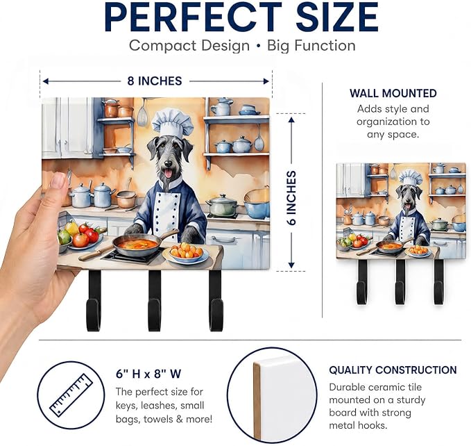 Caroline's Treasures Scottish Deerhound The Chef Leash or Key Holder Wall Hooks, Key Hooks Holder, Coat Rack Wall Mount, Coat Hooks, Hooks for Hanging Keys, Towels, Aprons, Leashes | Scottish Deerhound The Chef artwork on ceramic tile with three steel ...