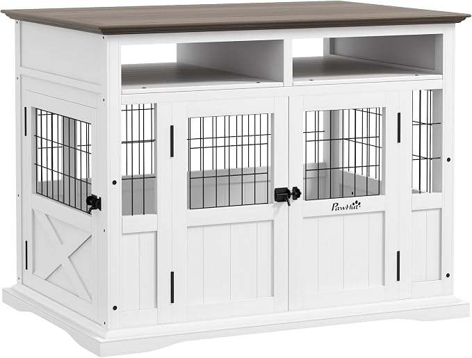 PawHut Dog Crate Furniture Side End Table with Storage, 41" Modern Wooden Dog Kennel Furniture with Double Doors for Small and Medium Dogs, White | Wooden Dog Kennel Furniture, Double Doors, for Small and Medium Dogs