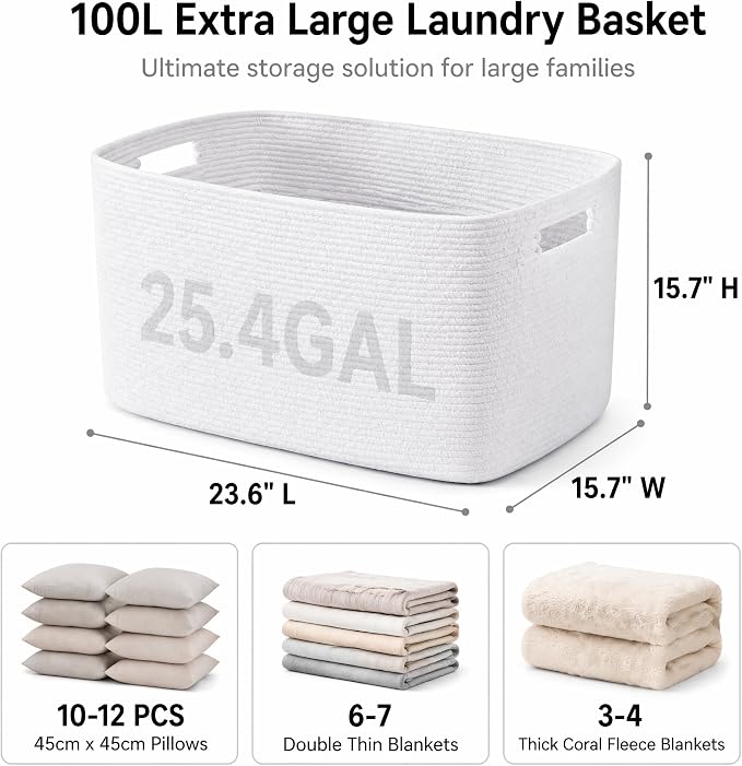 Cotton Rope Laundry Basket Extra Large, 25.4GAL Collapsible Woven Storage Baskets for Living Room Kids Toys Stuffed Animal,Boho Rectangular Decorative Hamper for Dirty Clothes, Blankets Pure White