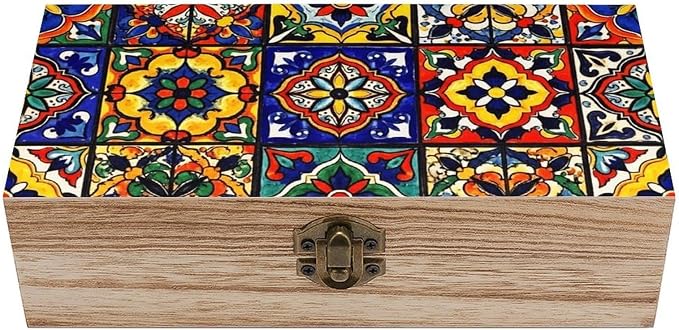 Small Memory Keepsake Box with Hinged Lid and Clasp, Mexican Talavera Tile | Colorful Floral Mexican Rectangle Jewelry Organizer for Picture Letter Storage, Gift Boxes, 9.2x5.5x3.9 Inch