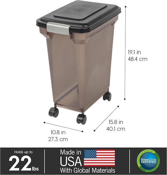IRIS USA Dog Food Storage Container, Up to 22 lbs, Smoke, Made in USA | Wheels for Mobility, Airtight Seal, BPA-Free, Best for Cat Food, Bird Seed, Chicken Feed, Pet Toys, Treats, Pellets