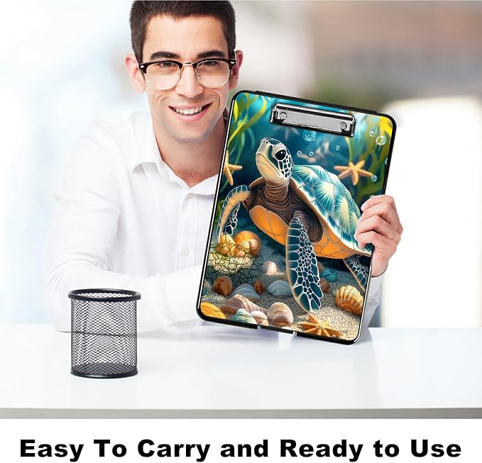 Heavy Duty Storage Clipboard, Slim Nursing Clipboard with Internal Pen Case, Portable File Organizer Case for A4 Letter Size Paper Office Medical Professionals, Sea Turtle Seaweed