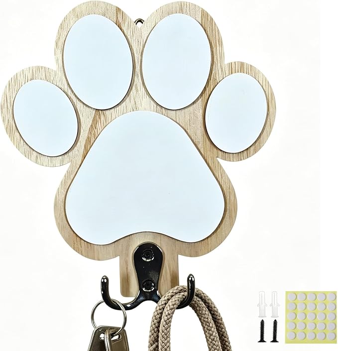 Rustic Wooden Dog Leash Holder Wall Decoration, Cute 3D Puppy Paw Wall Mount Hanger Organizer Hooks for Home Decor, Farmhouse, Coat Rack, Keys, Harness, Collars, Entryway, Pet Lover Gift（Light Brown）
