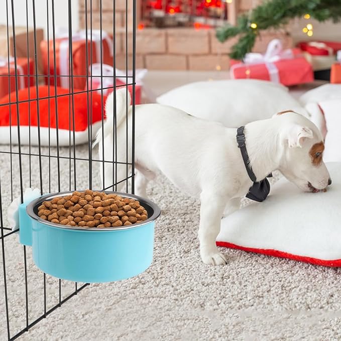 Hypeety Dog Crate Water Bowl No Spill - Hanging Attachable Pet Bowls for Kennel Durable Stainless Steel Food Water Dishes for Small Dogs Cats Rabbits Parrots with Non-Slip Base (Blue 2pcs)