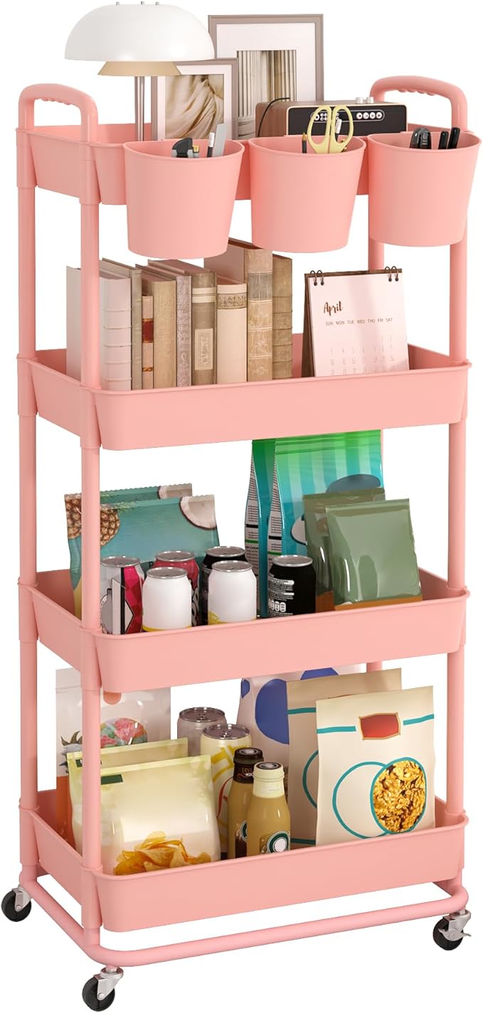 4-Tier Plastic Rolling Storage Cart Utility Cart with Extra Hanging Cups Handles Lockable Wheels for Living Room Bathroom Kitchen Office Pink | Utility Cart with Extra Hanging Cups Arc-Shaped Handles Lockable Wheels for Living Room Bathroom Kitchen Office