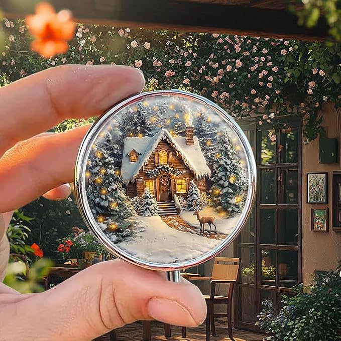 Portable Round 3 Compartment Metal Pill Box Beautiful Wall Hanging with Christmas House for Holiday Celebration Travel and Everyday Organization