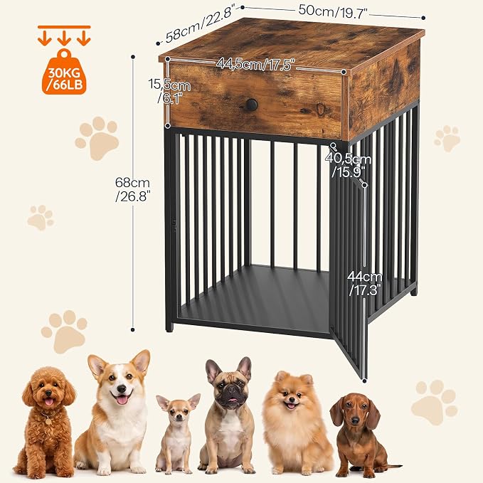 HOOBRO Dog Crate Furniture, Wooden Dog House, Decorative Dog Kennel with Drawer, Indoor Pet Crate End Table for Small Dog, Steel-Tube Puppy Cage, Chew-Proof, Rustic Brown and Black BF01GW03
