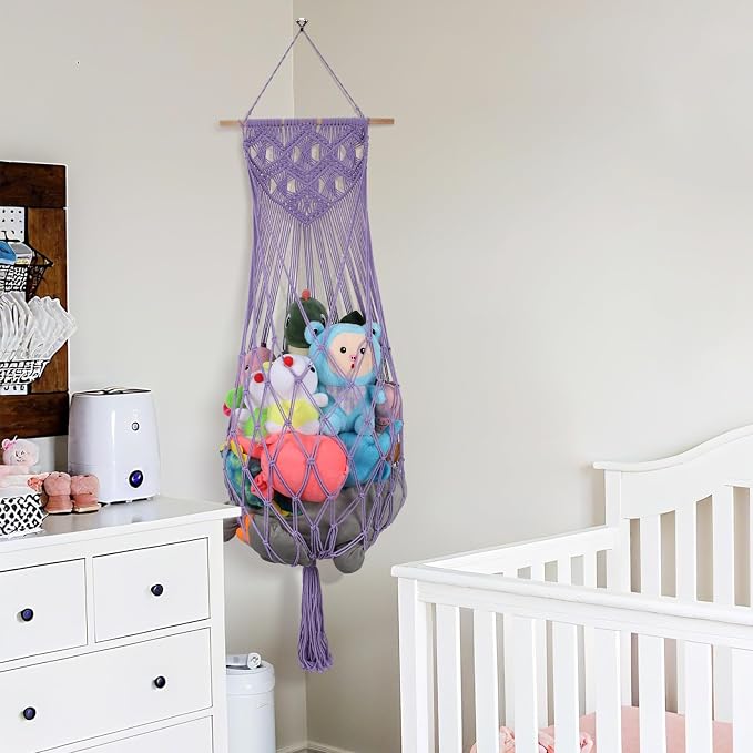 63Inch Stuffed Animal Storage Net Corner,Macrame Toy Hammock,Purple | Wall Ceiling Over Door Hanging Stuffed Animal Hammock Net,Plushies Organizer w/ Star Lights,Nursery Playroom Kid Room Decor