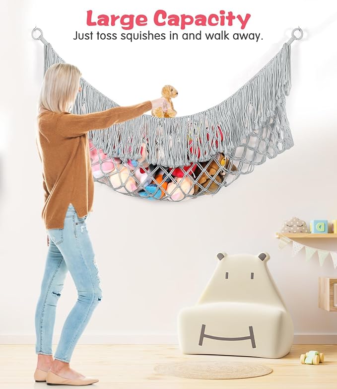 Stuffed Animal Hammock - Extra Large 63'' Long (Light grey) | Premium Cotton Hand-knitted, Beautiful Long Tassel, Storage Hanging Organizer, Can Fit Stuffed Animals 40 Piece or More