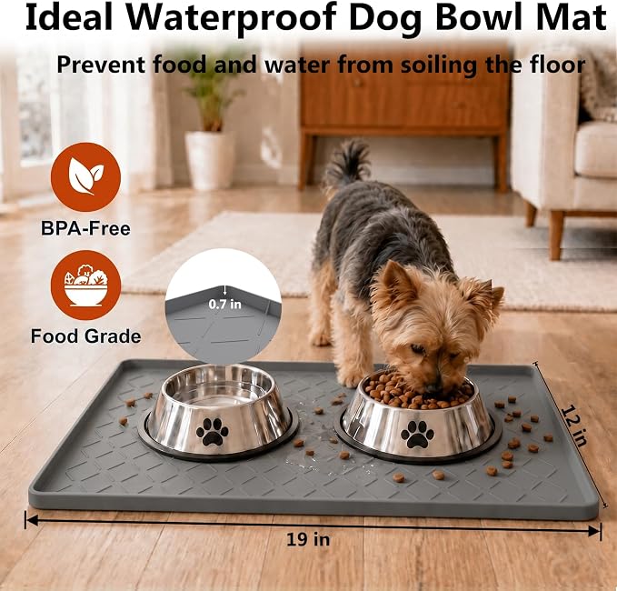 MateeyLife Silicone Waterproof Mat for Dog & Cat Food Mat 19"X12" | BPA-Free Non-Slip Pet Feeding Mat, Dog Food Tray for Food & Water Bowls, Protect Floor Against Spills, Dark Grey