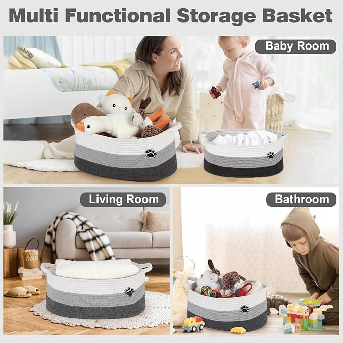 Optish 25L Dog Toy Basket,16.5" x 11" x 9" Medium Toy Storage Box and Bin with Handles, Woven Rope Foldable Basket for Blankets, Living Room, Bedroom, Home Decor, White & Grey