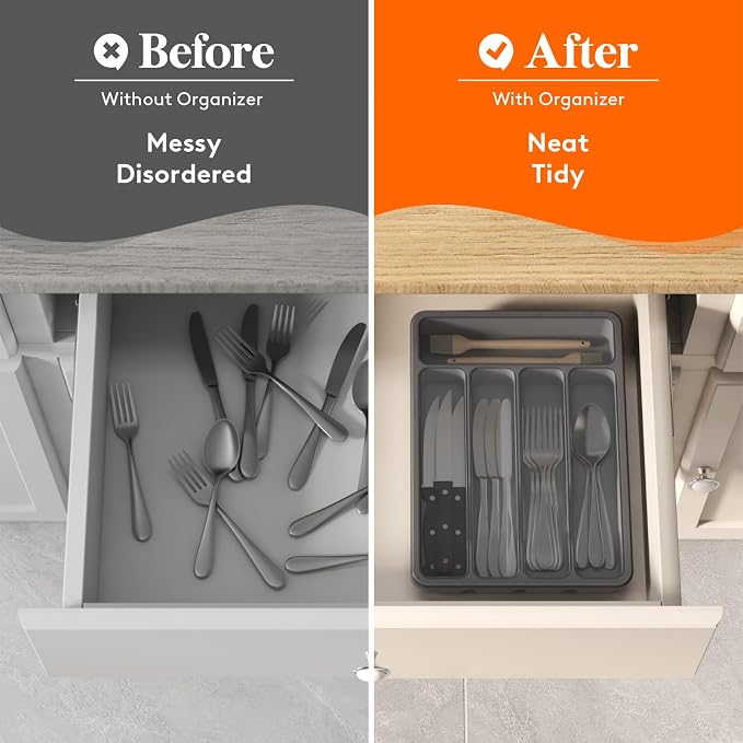 Lifewit Silverware Organizer with Lid, Covered Utensil Tray, 9.5x12.7 | Plastic Cutlery Storage Box for Kitchen Drawer and Countertop, Flatware Case Holder for Spoons Forks Knives, Gray