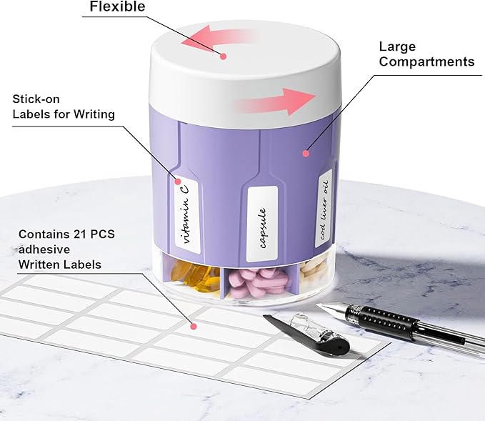 Weekly XXL Pill Organizer Bottle, Daily Pill Dispenser, Anti-Mix Design | 7 Day Portable Travel Pill Box, 21 Labels & Cleaning Brush, XXL Wide Mouth for Easy Access, Vitamin, Fish Oils, Supplement