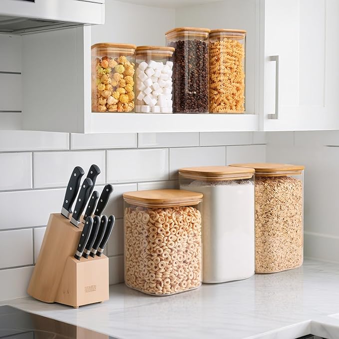 ComSaf Glass Storage Jars with Bamboo Lids 4.6 Qt 2 Pack Large Wide Mouth | Pantry organization, Flour Sugar Coffee Beans, Pasta Cereal Dry Food, 1.2 Gallon, Cabinet Organization, Dry Food Storage