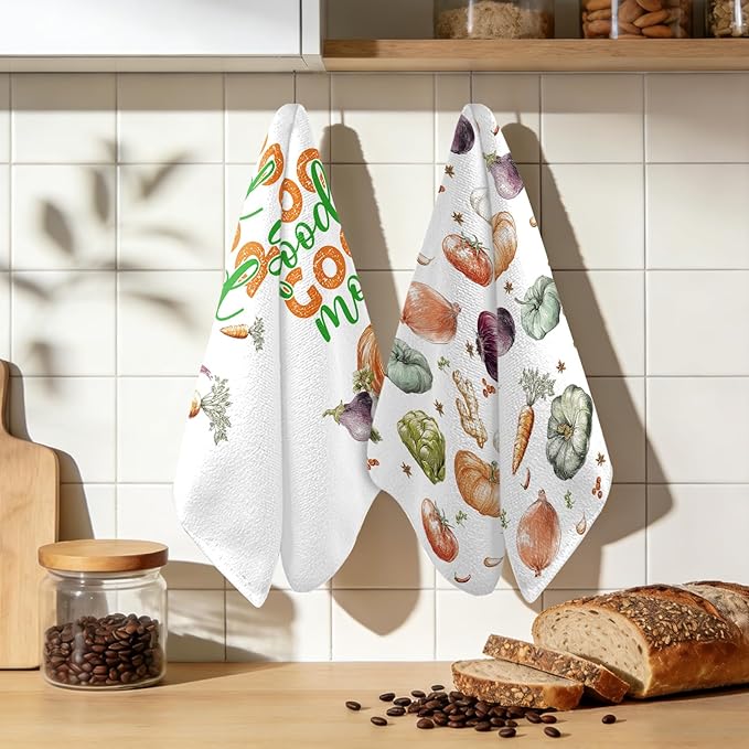 Vegetable Kitchen Towels Set of 2, Food Dish Towels for Kitchen Drying, 17x26 Inch Absorbent Dishcloths for Cleaning, Cute Garden Vegetables Dish Towels, Farmhouse Home Housewarming Gifts