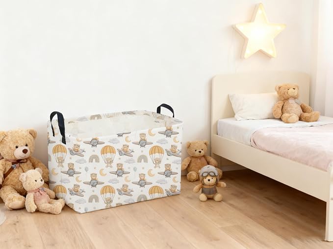 Sanjiaofeng Rectangular Kids Basket Bear Storage Bins,Cute Storage Basket with Handles.Clothers,Books,Kid's Gifts Bins. (Airplane Bear)