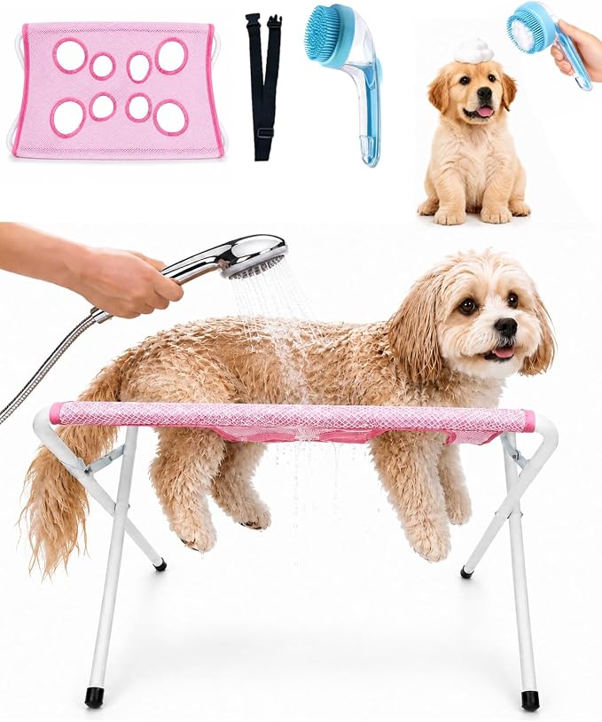 Foldable Pet Bathing Stand, Dog Grooming Hammock with Quick-Dry Mesh, 44 lb | Portable Shower Stand & Sling for Small Dogs & Cats, Steel Frame, 8-Hole Support, Hands-Free Grooming, Folds Flat, Holds 44lb