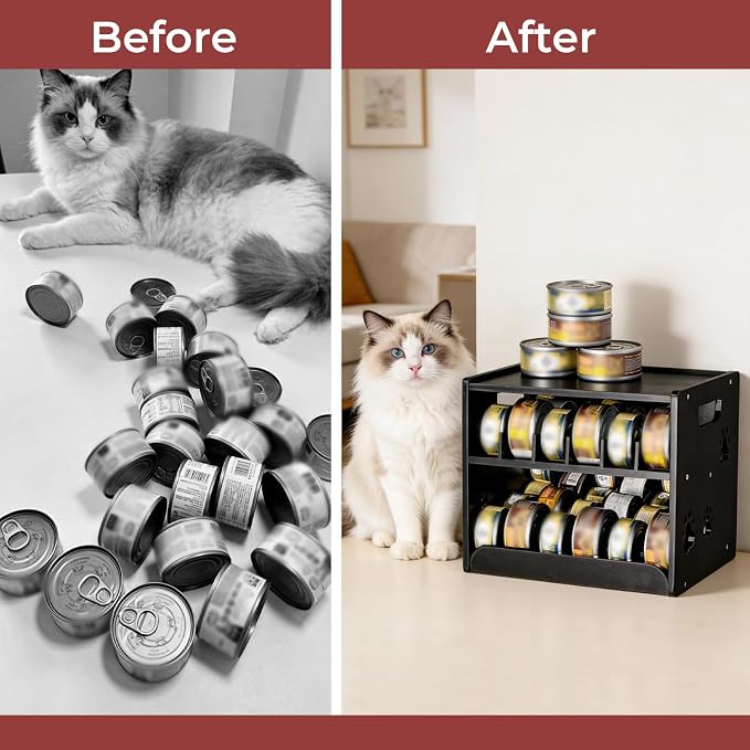 JALZ JALZ Bamboo Cat Food Can Dispenser 2-Tier Gravity Pet Food Storage Rack | Made of durable, natural bamboo that complements any kitchen or pantry decor