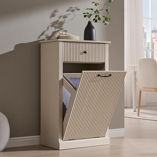 IFGET Tilt-Out Trash Can Cabinet, Modern Laundry Hamper Cabinet, Cream