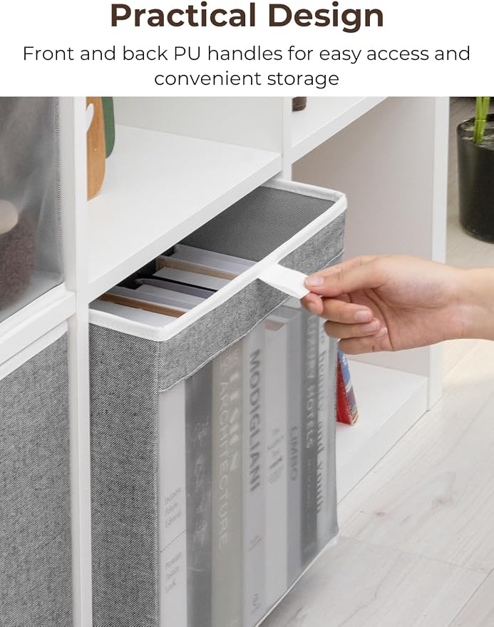 StorageWorks 13x13 Storage Cubes, Cube Organizers Bins, Gray, 3-Pack | Clear Window for Visibility, 2 Soft Leather Handles, Collapsible, Flip to Show/Hide, Storage Bins for Closet, Shelf, Cubby