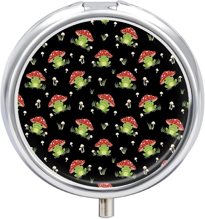 Pill Box with Mirror Cute Frogs Cartoon Mushroom Hats Round 3 Compartment, Metal Portable Pill Case for Purse Travel Supplements