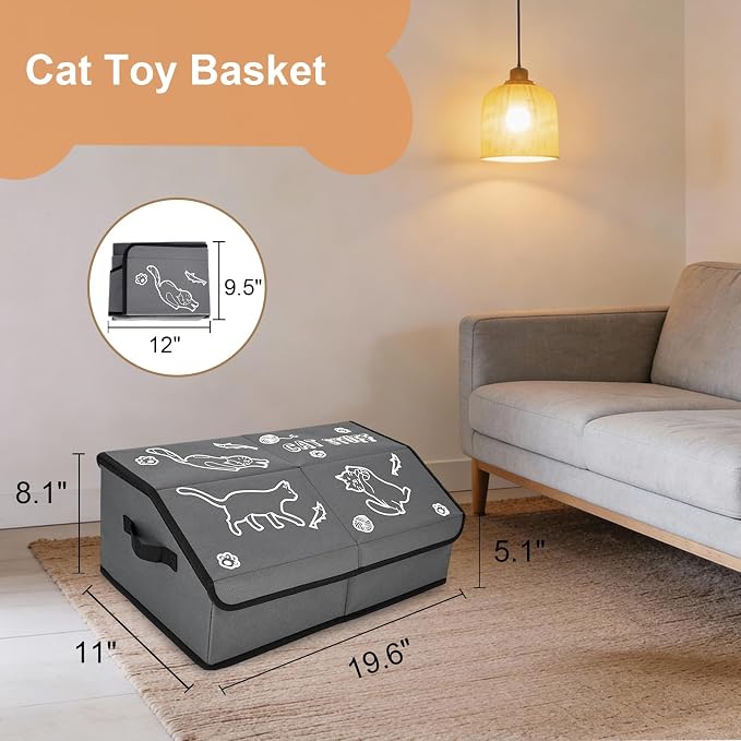 Sturdy MDF Cat Toy Box Storage with Lid, 19" Collapsible Cat Toy Bin with Handle, 600D Fabric Cute Pet Storage Basket Organizers for Pet Toys, Treats Clothes and Accessories - Grey (1 Pack)