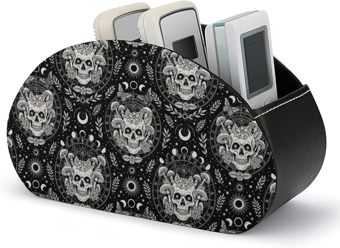 Desktop Remote Control Holder Moon Skull Mushroom Storage Cup Caddy Box | Table Desk Organizers with 5 Compartments, Skeleton Sun Moon Skull Mushroom, Multi-functional Office Supplies