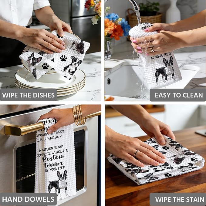 Boston Terrier Waffle Weave Kitchen Towels, Quick Dry Multipurpose Hand Towels for Bathroom, Absorbent Reusable Cloth Tea Dish Towels for Home Decor, Dog Lover Gift Towel Set of 2