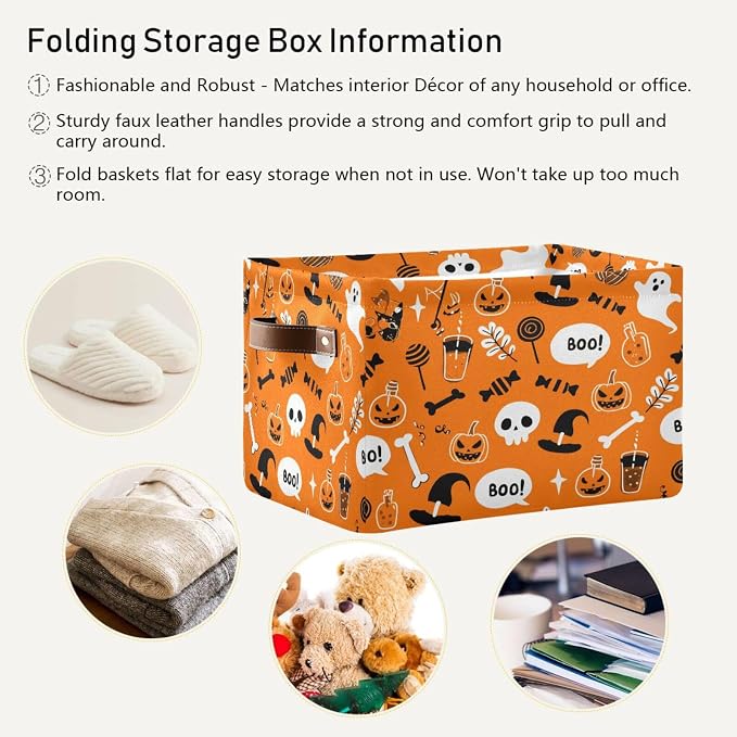 Kigai Storage Basket, Fabric Collapsible Closet Organizer Bin | Halloween Pumpkin Waterproof Foldable Canvas Basket with Handles for Shelves, Nursery, Closet, Bedroom & Bathroom