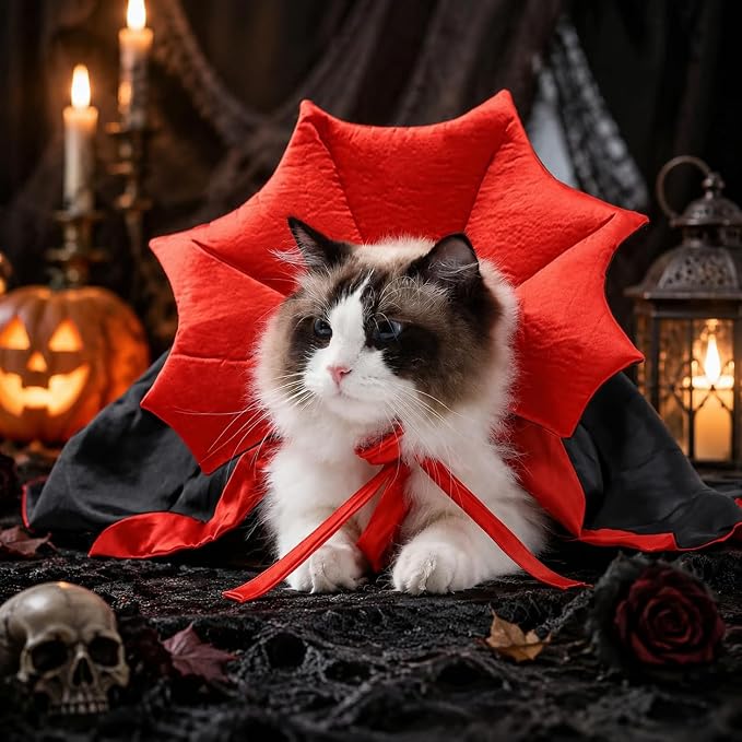 Funny Halloween Dog Cat Vampire Cloak Costume Stand-Collar Design Pet Cape Cosplay Apparel Holiday Party Dress Up Decoration(Vampire,S)