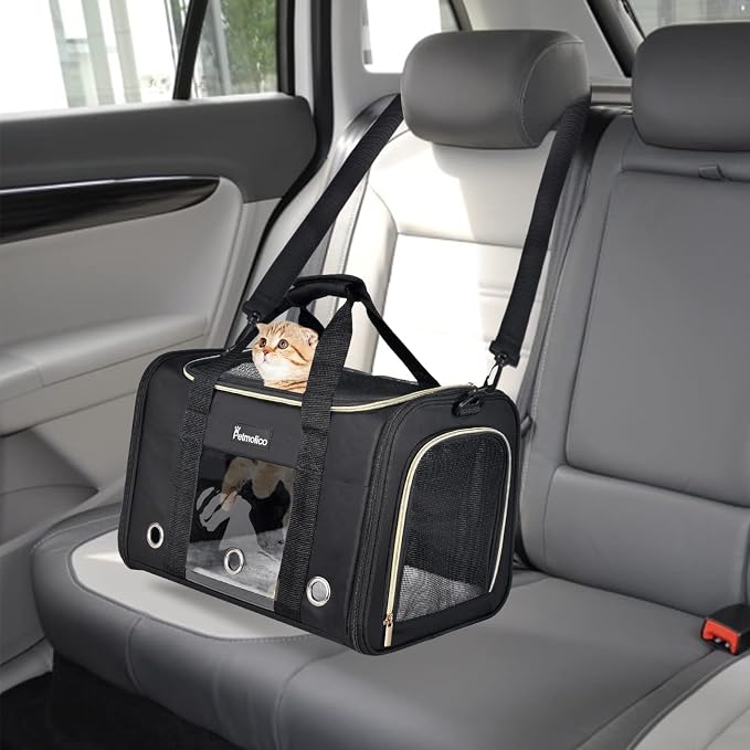Petmolico Cat Carrier Soft-Sided Airline Approved, Medium,Black | For small/medium cats & puppies up to 16 lbs, 3 open doors, travel-friendly pet bag