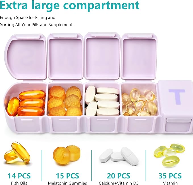 Extra Large Weekly Pill Box Organizer 7 Day, MOLN HYMY 1 Week Jumbo Pill Dispenser Case One Time a Day, Daily Med Container to Hold Vitamin and Supplement (Purple)
