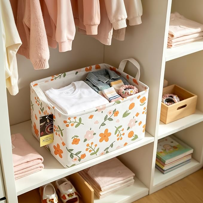 Rectangle Foldable Storage Basket Handles For Home, Orange Flower | Waterproof canvas material, reinforced handles, perfect for shelf use, organizes clothes, daily items and pet supplies