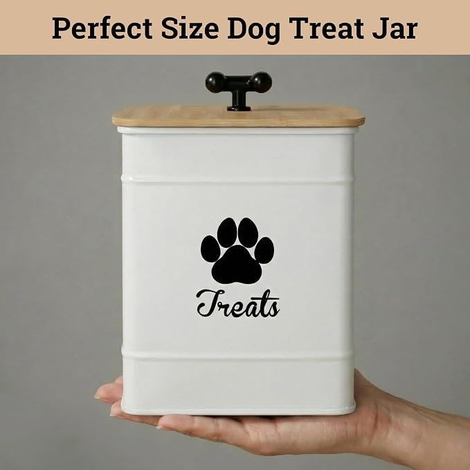 Dog Treat Container Airtight, 6"W x 8"H, Powder Coated, 12 Cup Capacity | Fits All Popular Treats, 12 Cup Capacity, Airtight Bamboo Lid, Easy Open Lid, Dent-Resistant Durable Metal Bone-Shaped Handle