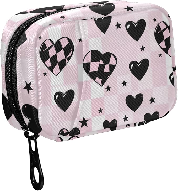 Fustylead Cute Pink and Black Heart with Checkered Design Travel Pill Organizer Bag with Zipper Small Pill Box 7 Day Pill Case for Purse Storage Weekly Vitamin Medicine Supplement