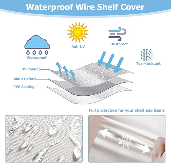Rileytee Wire Shelf Cover,Heavy Duty 600D Dustproof Waterproof Shelf Covers for Shelving,Outdoor Storage Rack Cover for Wire Rack with Zipper,White,36.2" W x 20.5" D x 60" H