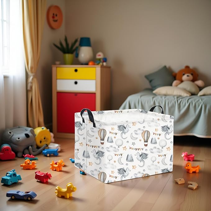 Rectangular Baby Kids Storage Basket for Home Kitchen Girls Cute Storage Bin Organizer Shelf Book Room Decor(Flying Dinosaur)