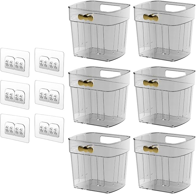 6 Pack Adhesive Cabinet Door Organizer, Compact Kitchen Under Sink Caddy, Clear Pantry Storage Basket, Under Cabinet Organizer Seasoning Spice Rack, Plastic Bathroom Wall Mounted Bins