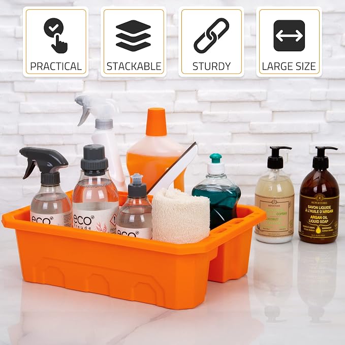CANOPUS Storage Tray Tote with Functional Holes - 2 PCs Plastic Cleaning Caddy with Handle, Portable Caddy, Undersink Storage for Kitchen, Shoe Cleaning Box, Products Organizer, Orange