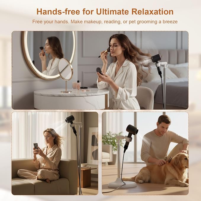 Mistriddle Hands Free Hair Dryer Holder Floor Stand, 17.2-51" Adjustable | For Home, Salon & Pet Grooming, Universal TPU Clip, Stable Aluminum Base with Organizer Hook (White)