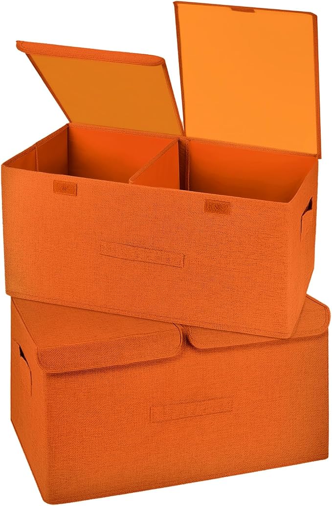 2 Pack Storage Boxes with Lids and Handles, Collapsible Linen Storage Bins Organizer Containers Baskets Cube with Removable Divider for Home Bedroom Closet Office (Orange, Large)