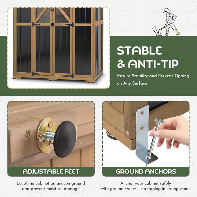 Extra Large Outdoor Storage Cabinet Weatherproof, Garden Shed with Shelves | Waterproof Asphalt Roof, 6 Adjustable Shelves & Anti-Tip Wall Brackets, Lockable Doors, 6 Hooks, for Garden, Garage, Patio