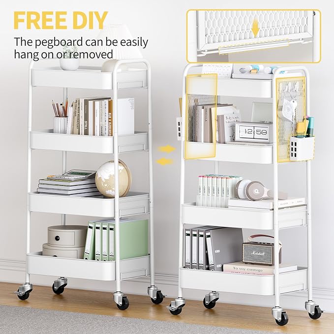 TOOLF 4 Tier Rolling Cart, Metal Utility Storage Cart with Pegboard, White | 2 Bins & 4 Hooks, Screwless Assembly, Lockable Wheels, Trolley Organizer for Bathroom, Kitchen, Office, Dorm, Craft Room