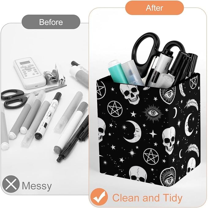 Pen Pencil Holder for Desktop, Pu Leather Stationery Organizer Goth Raven Crow Skull Moon Star Gothic Witch Eyes Square Pencil Cup Office Accessories Container Box