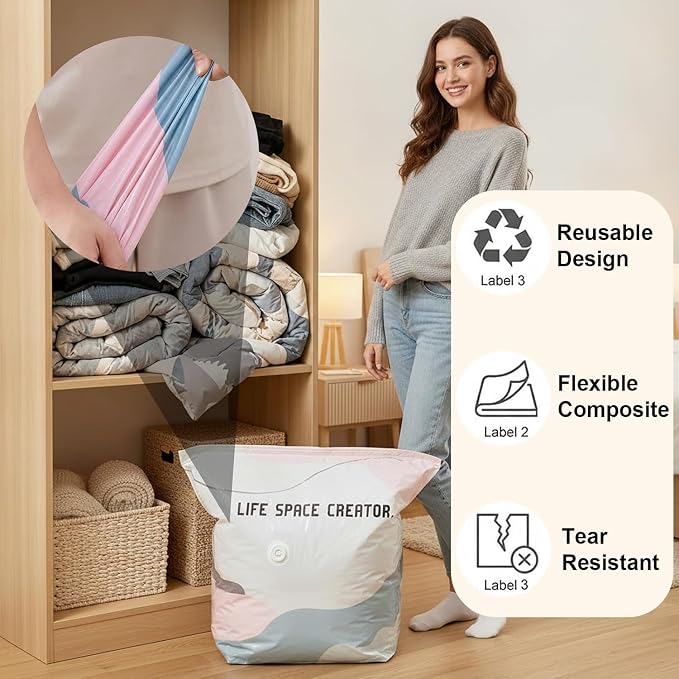No Pump Vacuum Storage Bags,2026 New No Pump Large Vacuum Storage Compression Bags,Thick and Airtight Reusable Organizer Suitable for Clothes, Blankets, Bedding, Travel, and Closet Storage (5, Large)