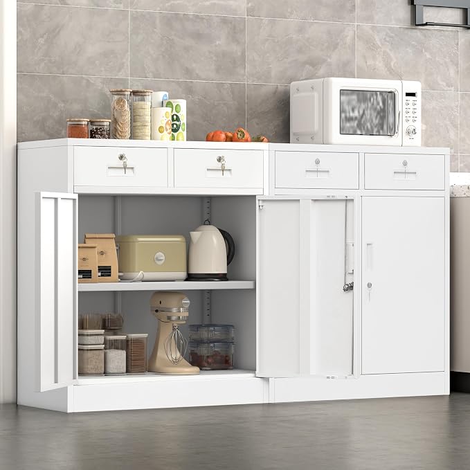Wanfu Metal Storage Cabinet, Locking Storage Cabinet with Adjustable Shelf, 36" H Metal Cabinets with 2 Drawers for Office, Garage, Home-White