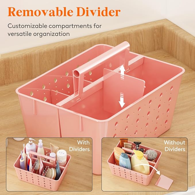Lifewit Portable Shower Caddy, Plastic Basket Organizer, Pink, 1 Pack | Adjustable Dividers, Drain Design, College Dorm Room Essentials with Handle, for Bathroom