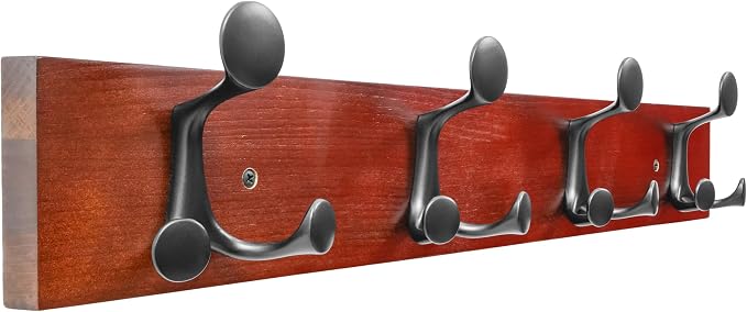SKOLOO 24-Inch Cherry Wood Coat Rack Wall Mount with 4 Triple Hooks - Ideal for Family Entrances, Classrooms, and Pet Supplies Storage - Perfect Coat Hooks for Wall