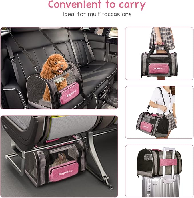 BurgeonNest Soft Cat Carrier for Cats up to 20 Lbs, Top Load Pet Carry Bag | Collapsible Small Pet Carrier Soft-Sided Escape Proof with Unique Side Bag, Breathable Mesh for Car Travel, Medium Pink